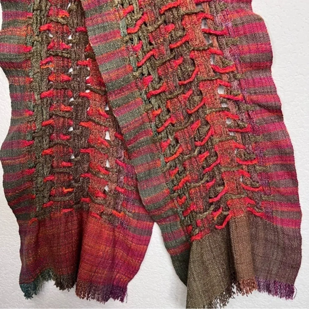 Weaved & Braided Multi Colored Raw Silk Scarf with Fringe Unisex
